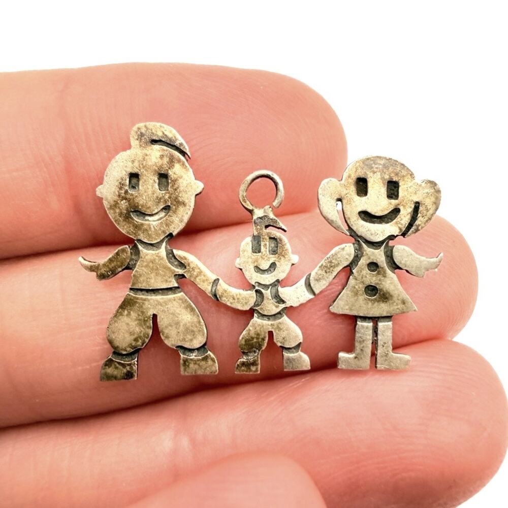 Vintage Sterling Silver Family Charm Pendant Mom Dad Child Holding Hands